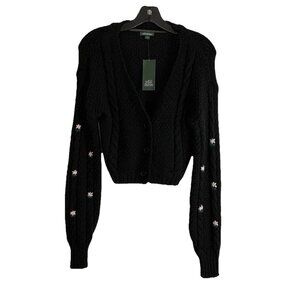 Wild Fable Womens Sweater Size Medium Black Cropped Long Sleeve Pink Floral NEW